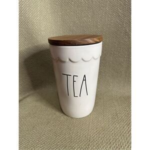 Rae Dunn TEA Cellar Canister Storage Ivory Brown Wood Lid Farmhouse 7” X 4”